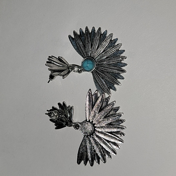 VINTAGE FAN LEAF  TURQUOISE EARINGS - Picture 2 of 3